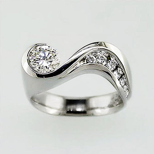 Simple Wave Platinum Tone Ring With Sparkling Cubic Zirconia Ocean Style Jewelry