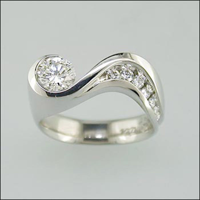 Simple Wave Platinum Tone Ring With Sparkling Cubic Zirconia Ocean Style Jewelry