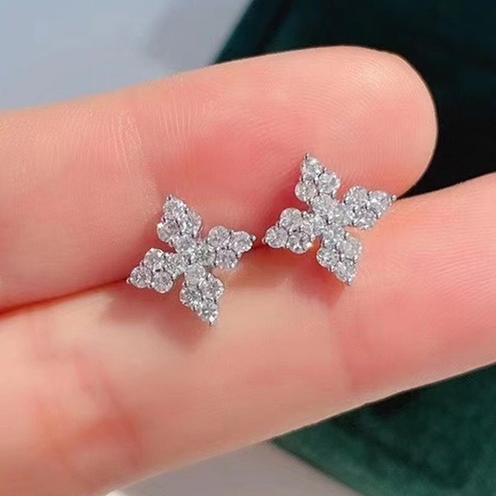 Fashion Minimalist Four Leaf Clover Zircon Stud Earrings, Elegant Flower Ear Jewelry