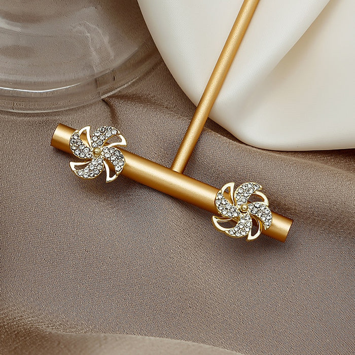 Luxury Gold Alloy Micro Paved Zircon Spinning Pinwheel Flower Stud Earrings for Women Elegant Earrings