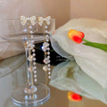 Chic Alloy Bow Tassel Drop Earrings With Pearl And Crystal Accents For Women view 3