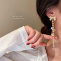 Chic Alloy Bow Tassel Drop Earrings With Pearl And Crystal Accents For Women view 2
