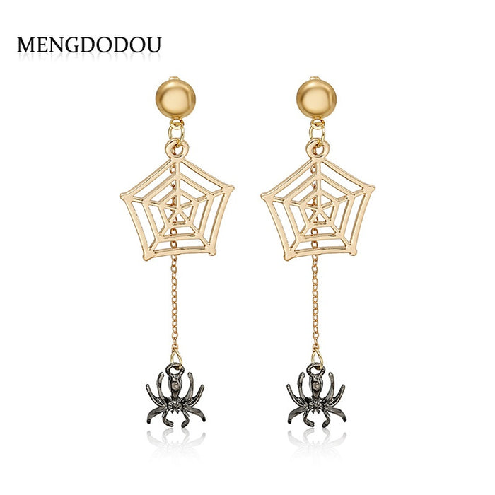 Vintage Gothic Alloy Spider Web And Spider Halloween Witch Long Chain Drop Dangle Statement Earrings
