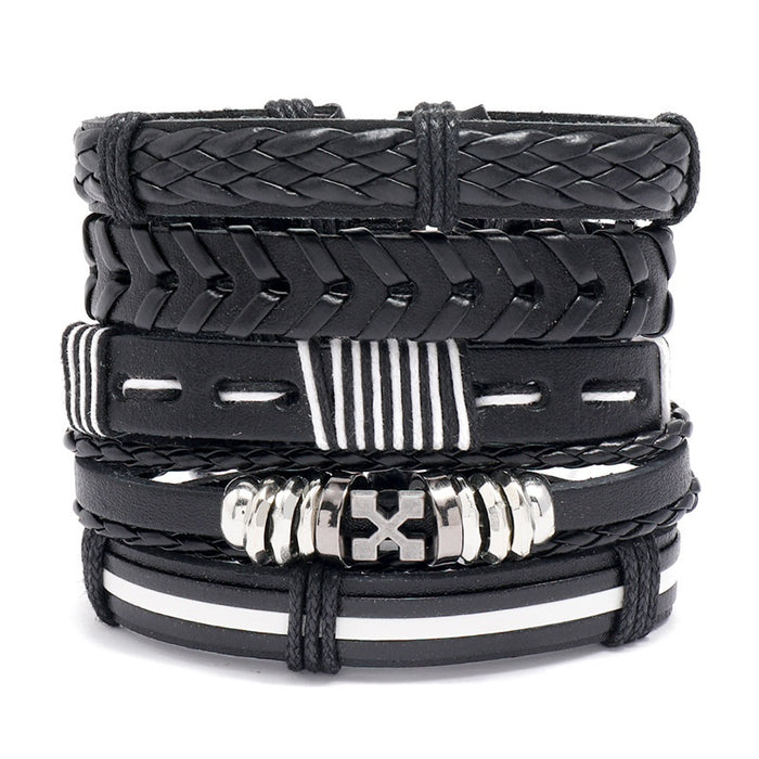 Vintage Braided Faux Leather Bracelet Set, Simple DIY Combination Wristband For Fashion Jewelry