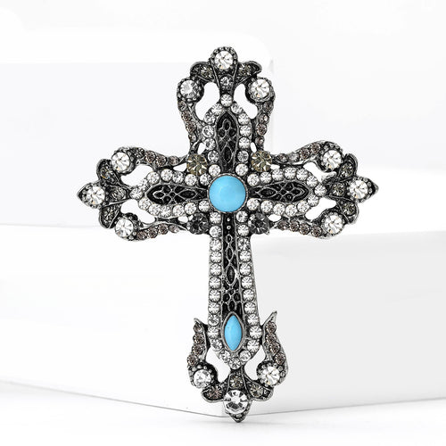 Vintage Turquoise Alloy Cross Brooch Pin For Suit Lapels