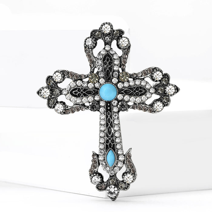 Vintage Turquoise Alloy Cross Brooch Pin For Suit Lapels