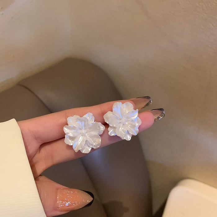 Korean Japanese Style White Camellia Flower Resin Stud Earrings For Preppy Everyday Wear