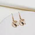 Elegant Gold Alloy Crescent Hoop Hollow Rhinestone Pearl Black White Enamel Cat Dangle Hook Earrings view 1