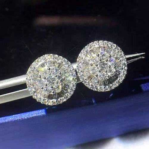 Versatile Full Zircon Round Stud Earrings Silver Plated Floral Ear Jewelry Accessories For Women
