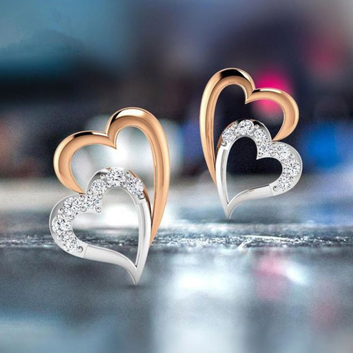 Two Tone Plated Copper Heart Stud Earrings For Women, Interlocking Love Heart Romantic Gift Jewelry