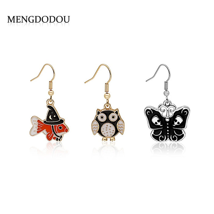 Vintage Halloween Enamel Alloy Cartoon Owl Skull Butterfly Fish Creative Dangle Drop Party Earrings