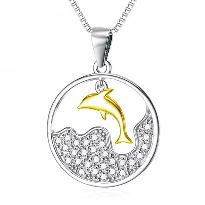 Cute Two Tone Dolphin Pendant Necklace, Ocean Theme Zircon Inlaid Collarbone Chain Jewelry