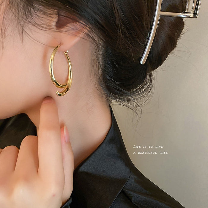 Alloy Double Sided Hoop Earrings With Silver Pin Minimalist Metallic Geometric OL Style