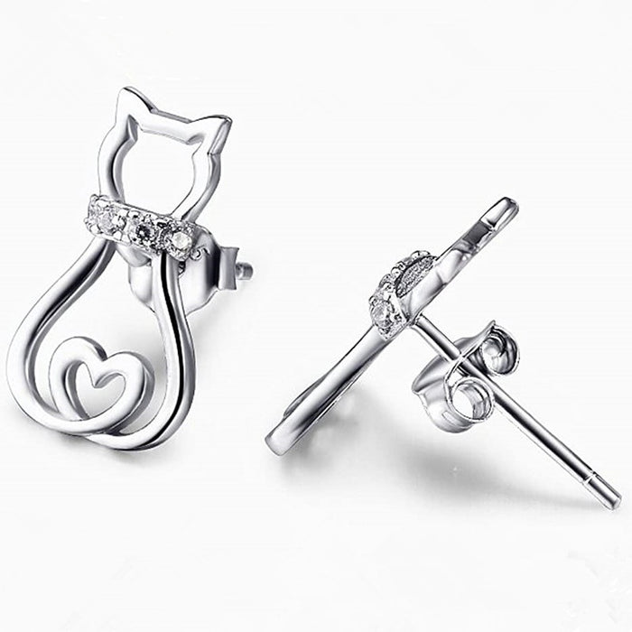 Korean Fashion Hollow Zircon Cat Stud Earrings, Cute Sweet Animal Kitty Ear Jewelry For Women
