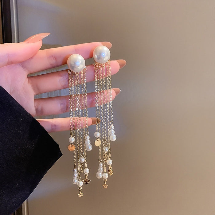 Fashion OL Pearl Tassel Drop Earrings For Women Long Statement Silver Needle Ear Jewelry