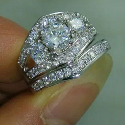 Silver Fashion Round Zircon Ring Set 2 Piece Simple Creative Women Finger Jewelry