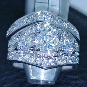 Silver Fashion Round Zircon Ring Set 2 Piece Simple Creative Women Finger Jewelry