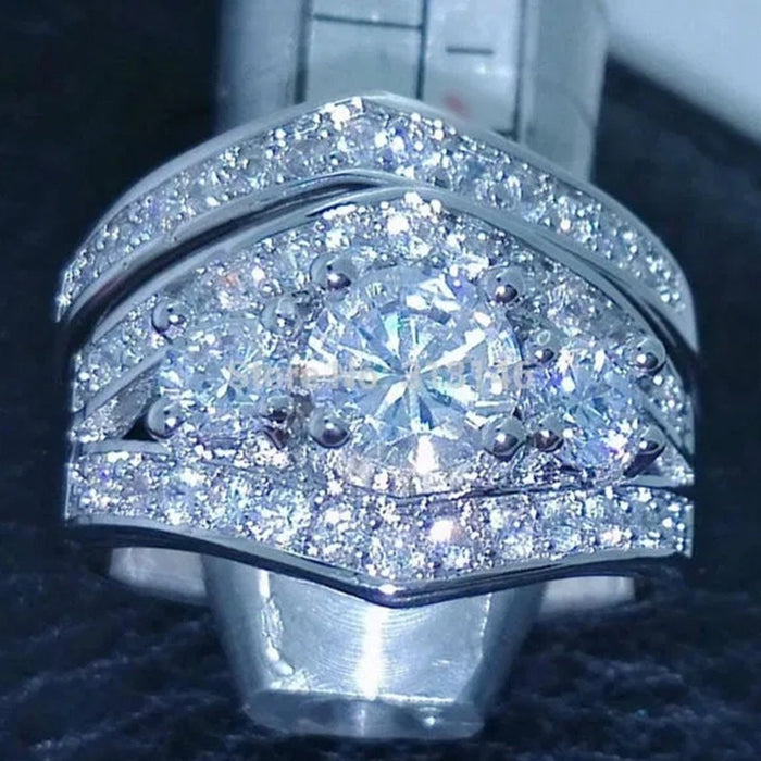 Silver Fashion Round Zircon Ring Set 2 Piece Simple Creative Women Finger Jewelry