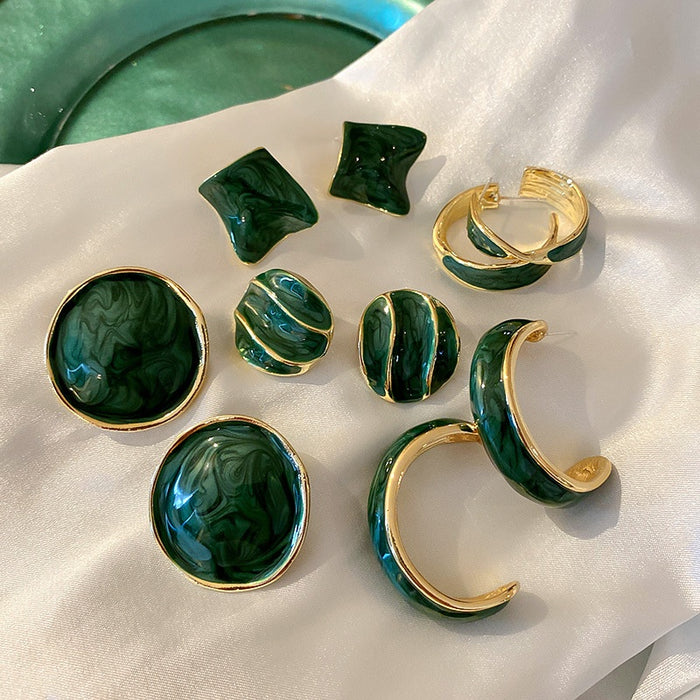 Green Enamel Alloy Geometric Round Statement Stud Earrings For Women Metallic Sweet Cool Style