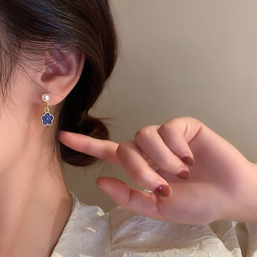 Korean Style Alloy Blue Enamel Flower Pearl Stud Earrings For Women