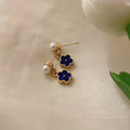 Korean Style Alloy Blue Enamel Flower Pearl Stud Earrings For Women view 3