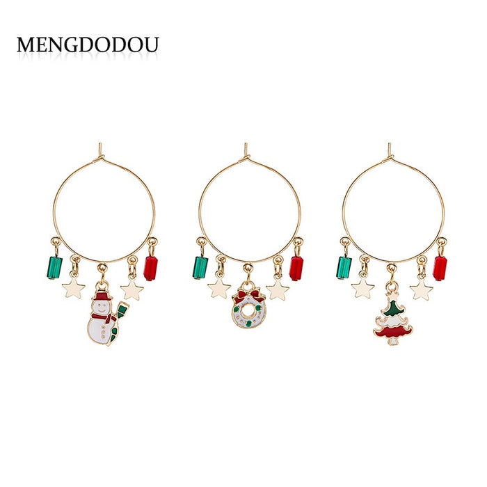 Creative Christmas Snowman Tree Wreath Star Charm Alloy Enamel Hoop Dangle Drop Earrings