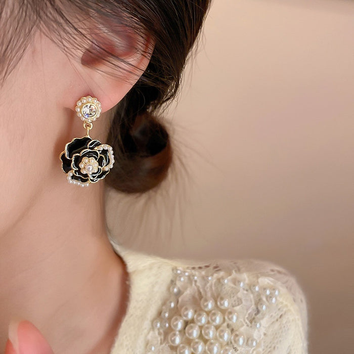 Alloy Pearl Rhinestone Enamel Camellia Flower Stud Earrings French Vintage Style