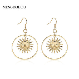 Vintage Bohemian Gold Alloy Round Hoop Sun Face Geometric Statement Dangle Earrings