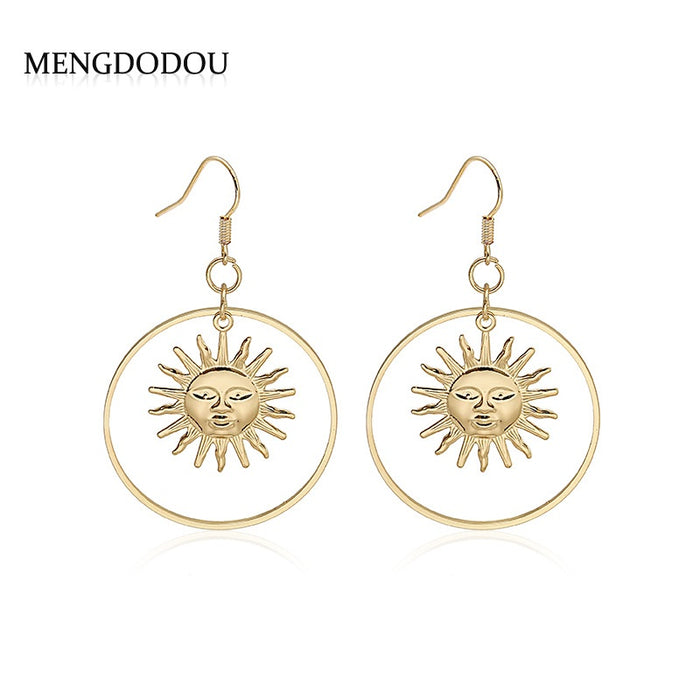 Vintage Bohemian Gold Alloy Round Hoop Sun Face Geometric Statement Dangle Earrings
