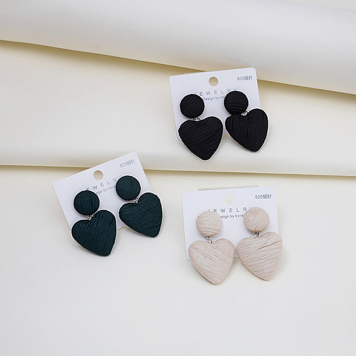 Korean Textured Fabric Heart Drop Alloy Stud Earrings For Women Elegant Fashion Statement Earrings