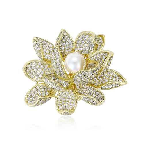 Alloy Zircon Pearl Lotus Brooch Pin For Clothing Anti Exposure