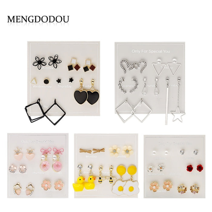 Korean Cute Cartoon Duck Flower Egg Bow Asymmetric Alloy Enamel Pearl Stud Drop Set Earrings