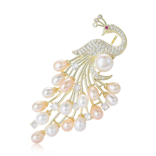 Gold Plated Alloy Peacock Pearl Brooch Pin For Suit Lapel