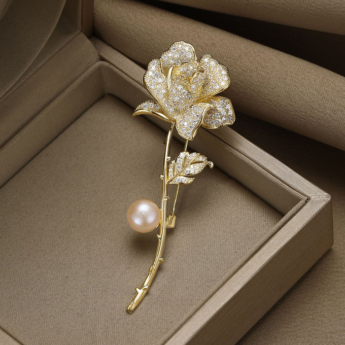 Copper Zircon Rose Brooch Pin For Women's Suit Jackets