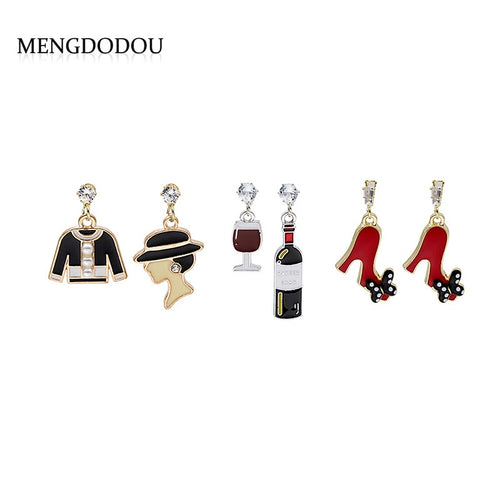 Elegant Korean Alloy Enamel Red Wine Bottle Red High Heel Rhinestone Mismatched Drop Stud Earrings