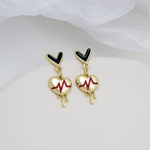 Korean Gold Alloy Enamel Heart ECG Pulse Drop Studs For Women Simple Fashion Dangle Earrings