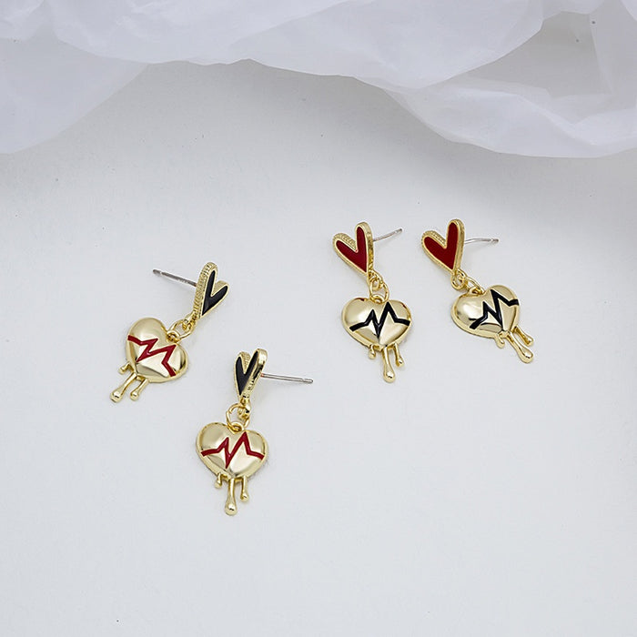 Korean Gold Alloy Enamel Heart ECG Pulse Drop Studs For Women Simple Fashion Dangle Earrings