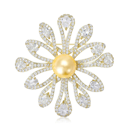 Copper Zircon Freshwater Pearl Flower Brooch Pin For Suit Decoration