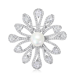 Copper Zircon Freshwater Pearl Flower Brooch Pin For Suit Decoration