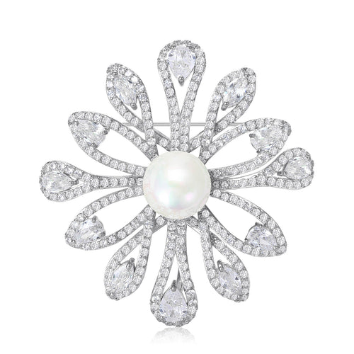 Copper Zircon Freshwater Pearl Flower Brooch Pin For Suit Decoration
