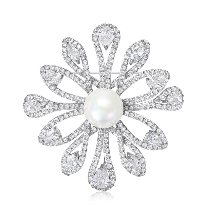 Copper Zircon Freshwater Pearl Flower Brooch Pin For Suit Decoration