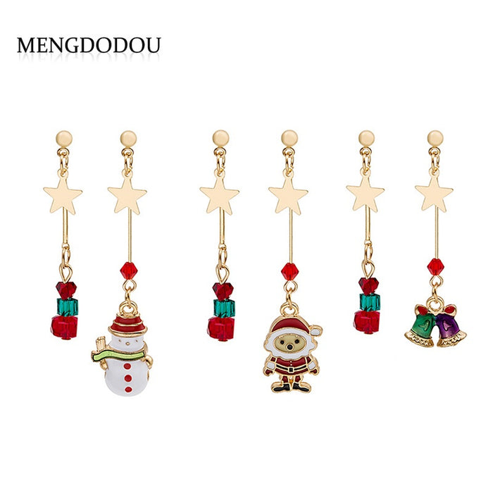 Elegant Christmas Star Tassel Alloy Enamel Snowman Santa Bell Crystal Bead Long Drop Earrings