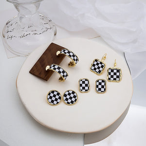 Black White Checkerboard Enamel Gold Alloy Hoop Stud Drop Set Elegant Minimal Korean Earrings