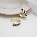 Black White Checkerboard Enamel Gold Alloy Hoop Stud Drop Set Elegant Minimal Korean Earrings view 2