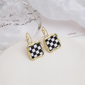Black White Checkerboard Enamel Gold Alloy Hoop Stud Drop Set Elegant Minimal Korean Earrings view 4