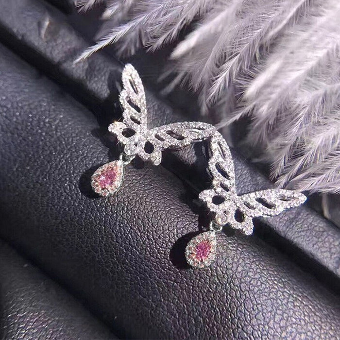 Luxury Pink Cubic Zirconia Butterfly Stud Earrings With Pave Wedding Drop Design For Women