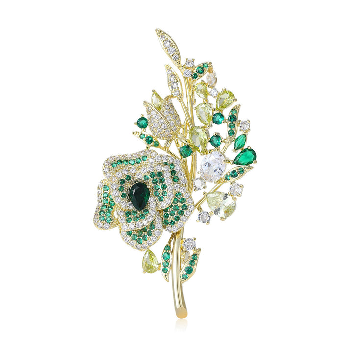 Copper Zircon Rose Brooch For Suits Coats And Cheongsam