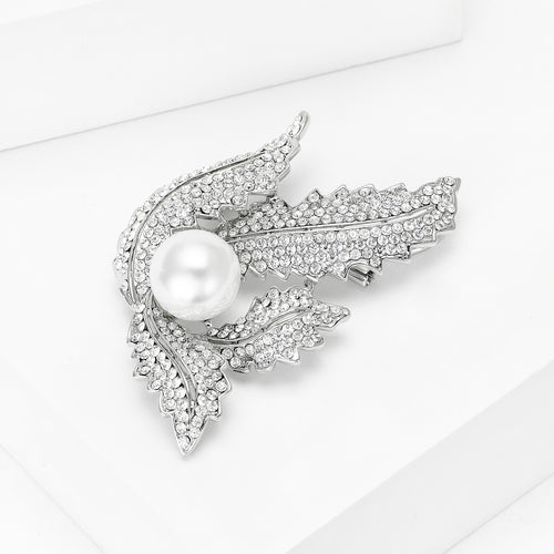 Alloy Rhinestone Pearl Leaf Brooch For Elegant Women Clothing Decoration