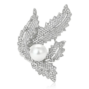 Alloy Rhinestone Pearl Leaf Brooch For Elegant Women Clothing Decoration