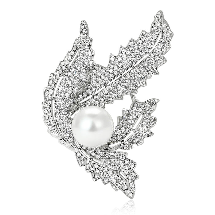 Alloy Rhinestone Pearl Leaf Brooch For Elegant Women Clothing Decoration
